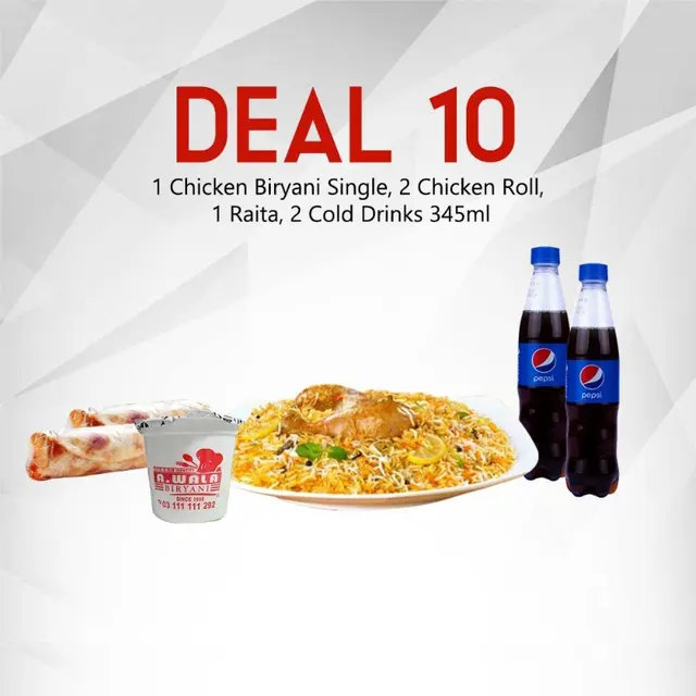 1 Chicken Biryani, 2 Chicken Roll, Raita, 2 Drink 345ML