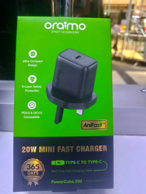Oraimo PowerCube 202 OCW 5202UCC 20W Type-C Fast Charger — Fast chargers, Wattage: 20W, Charger ports: Type-C. Available at Shop G35, Platinum Plaza, Nairobi CBD | Accessories Galaxy — photo 1