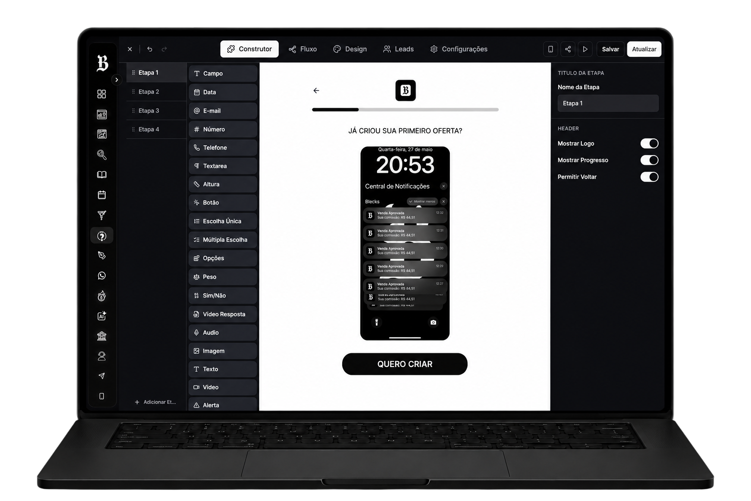 Editor de quizzes do Blecks exibido em um notebook