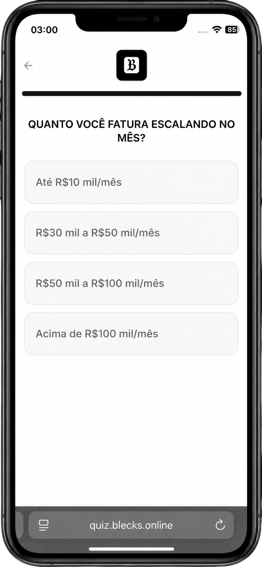 Quiz do Blecks exibido em um celular
