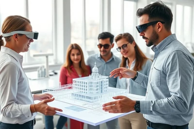 Ilustración vectorial de un equipo diverso de arquitectos e ingenieros colaborando en un modelo arquitectónico holográfico.