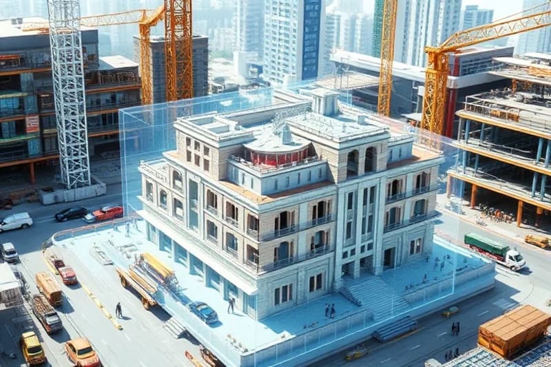 Render 3D de un modelo arquitectónico de edificio sostenible proyectado en un sitio de construcción real con datos superpuestos.