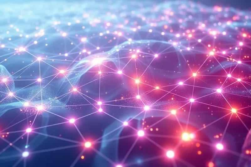 3D render of an abstract, futuristic digital financial landscape with interconnected nodes.