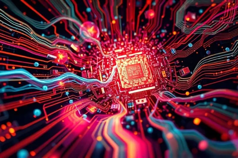 An abstract digital representation of interwoven musical notes and cinematic film strips, creating a dynamic, flowing pattern, symbolizing the seamless blend of sound and vision.