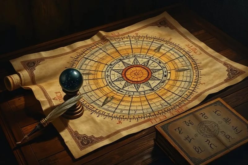 Antique astrological chart unrolled on a wooden table, surrounded by esoteric tools like a crystal ball and an old book.