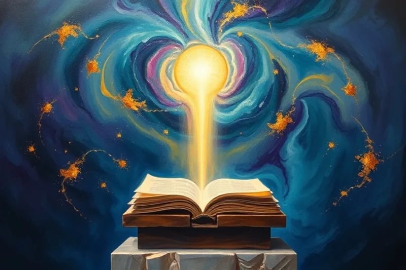 Pintura abstracta de la unión mística, con colores vibrantes y un rostro etéreo de Cristo emergiendo.