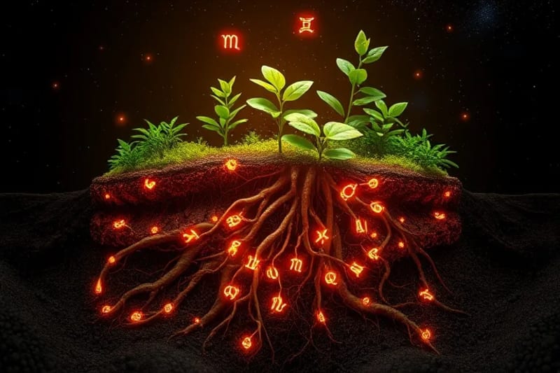 Render 3D de un corte de suelo fértil con raíces entrelazadas y patrones de energía luminosa, símbolos zodiacales estilizados influyendo en el crecimiento de las plantas.