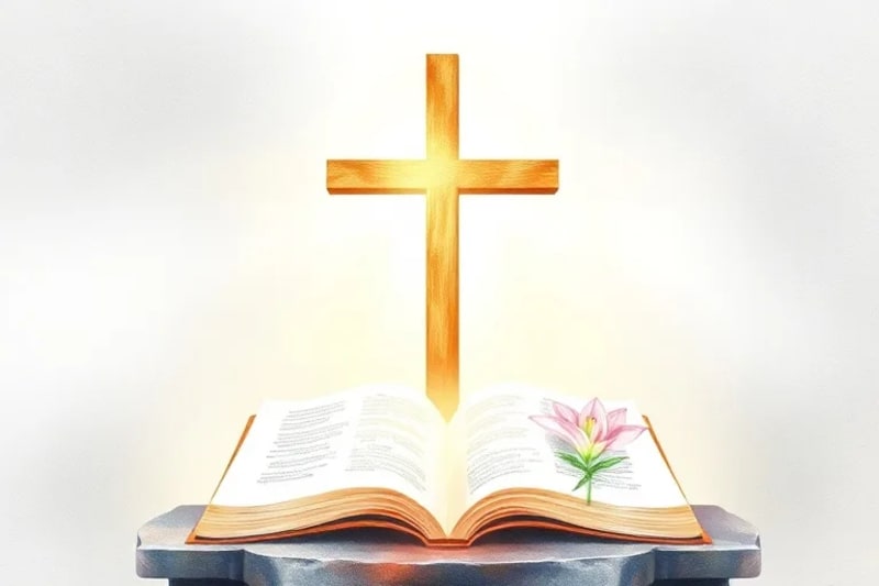 Ilustración acuarela de una cruz rodeada de elementos simbólicos de paz y gracia, representando la tradición franciscana.