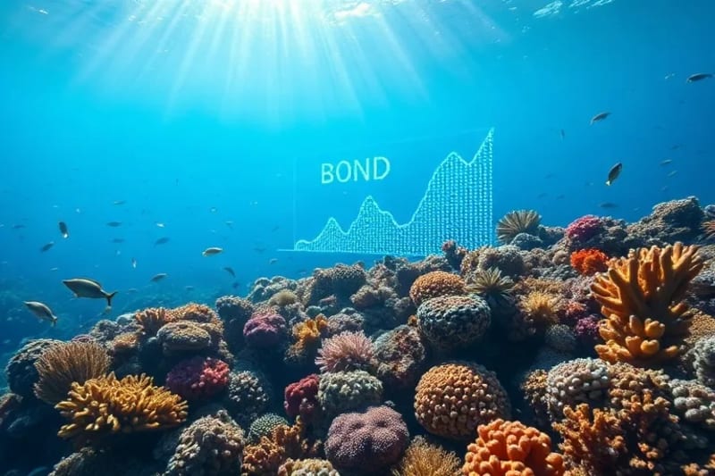Arrecife de coral saludable con representación digital de bono azul flotando, simbolizando inversión sostenible.