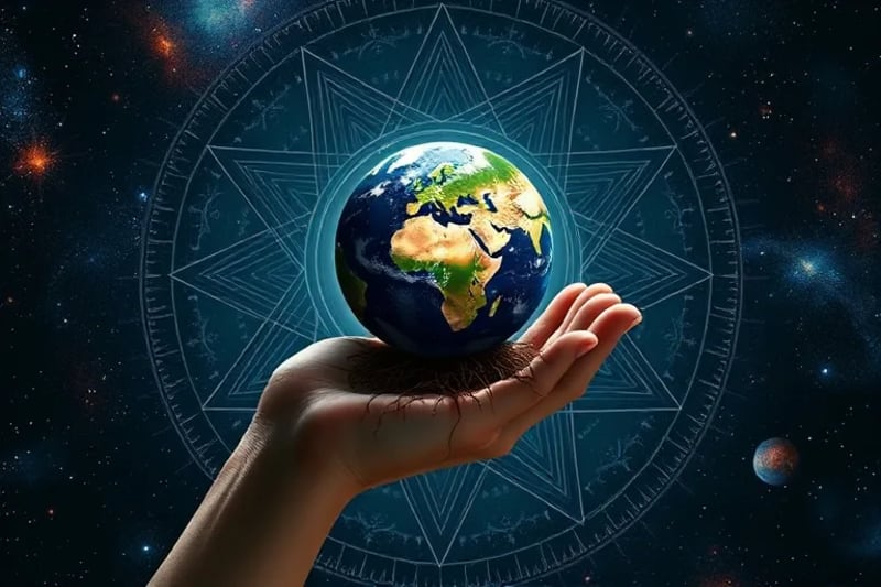 Human hand cradling miniature Earth with planetary symbols