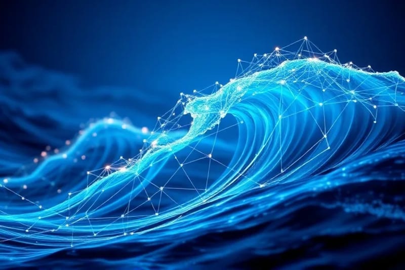 Representación abstracta de finanzas y océanos, con gráficos y olas de agua entrelazadas, simbolizando la inversión en sostenibilidad marina.