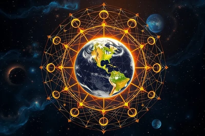 Abstract web of light connecting celestial bodies to Earth
