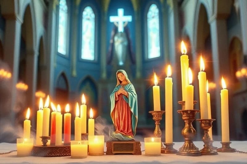 Velas votivas y estatua de la Virgen María