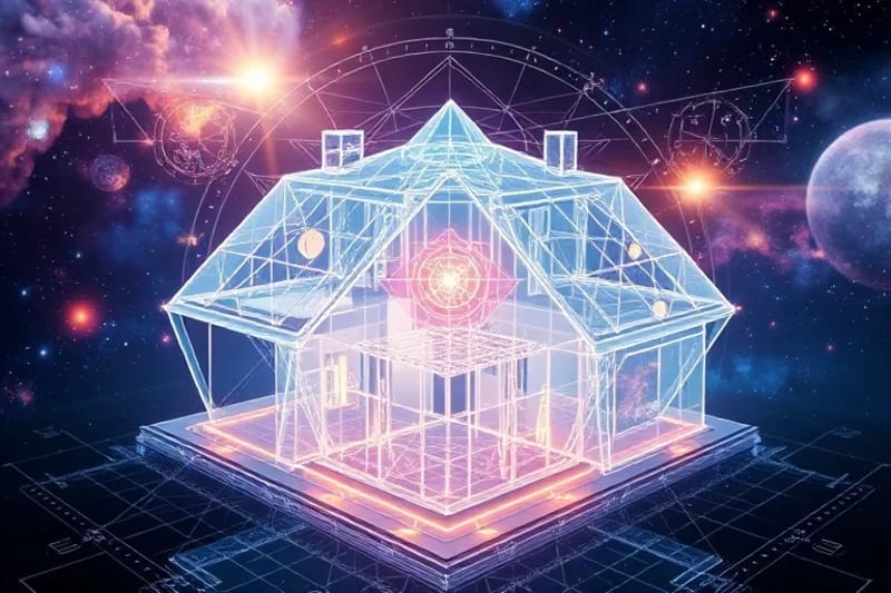 Planos arquitectónicos de una casa con superposiciones de energía y símbolos astrológicos