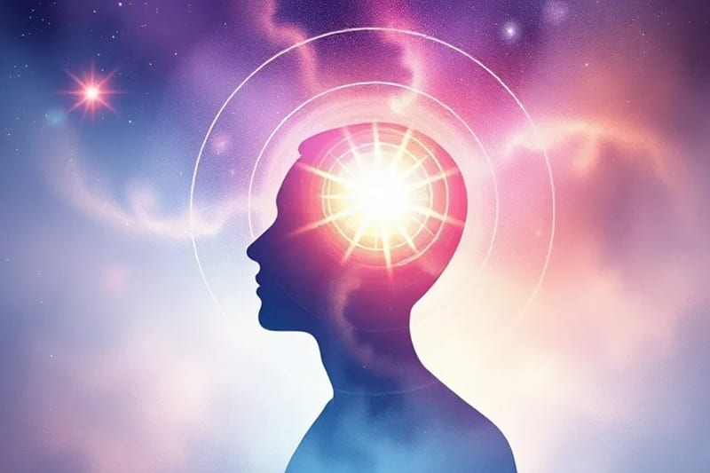 Human aura interacting with cosmic symbols