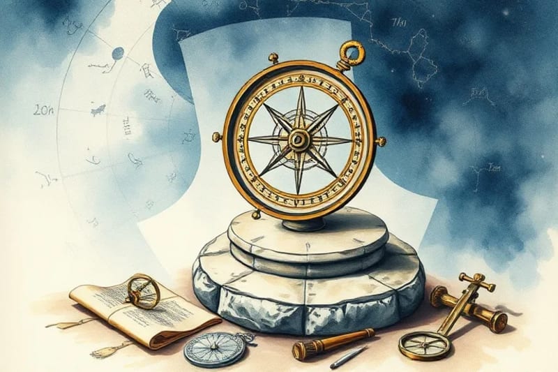 Instrumento astronómico antiguo y mapas celestes