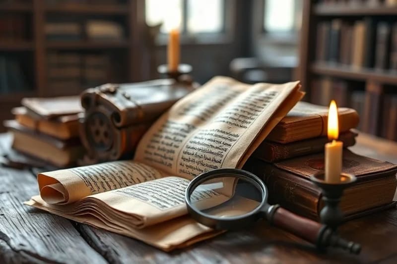 Libros antiguos y pergaminos sobre la mesa
