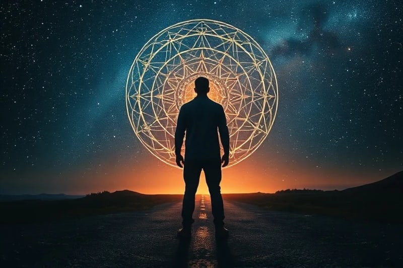 Figura solitaria en un cruce de caminos bajo un cielo estrellado con constelaciones zodiacales, simbolizando el viaje de autodescubrimiento.