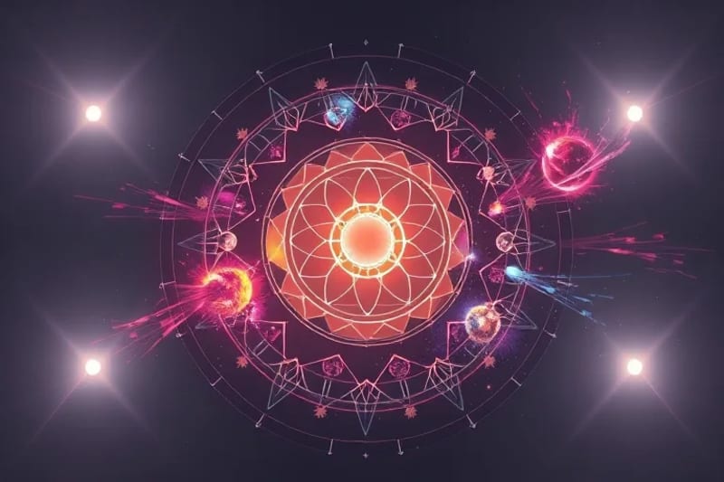 Abstract 3D render of a home floor plan with a glowing Bagua map and cosmic energy streams