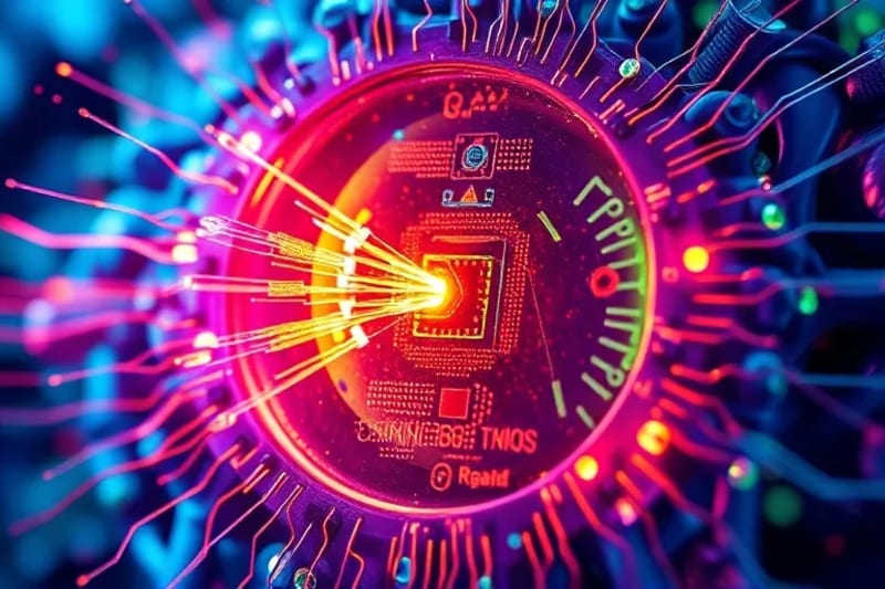 Microscopic view of a cell undergoing repair with abstract gene editing representations.