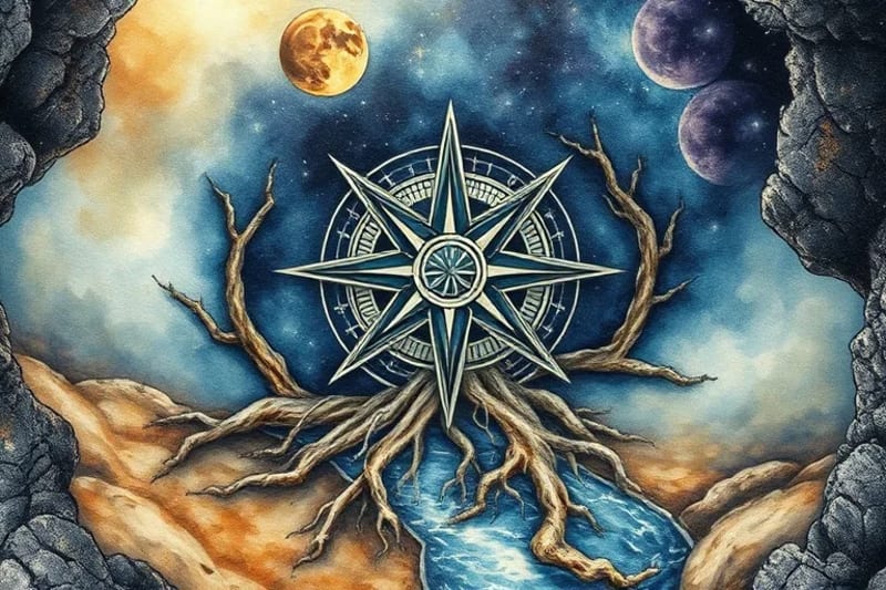 Stylized compass rose with roots and planetary energies