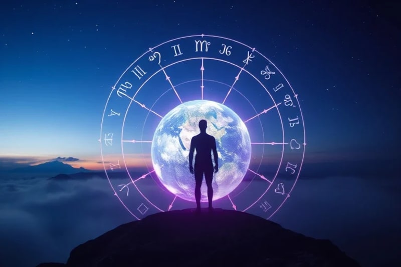 Holographic projection of a human on a globe with luminous lines