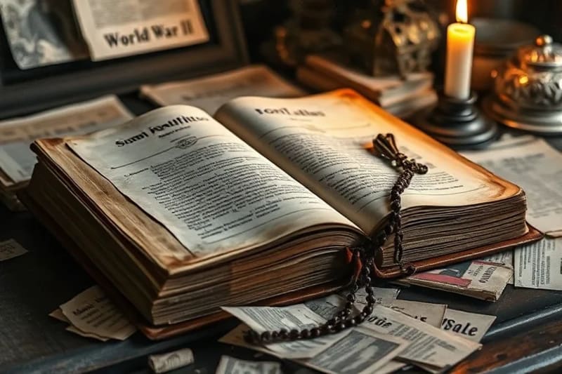 Un antiguo libro abierto con un rosario y recortes de periódicos de guerra, simbolizando la guía espiritual en tiempos difíciles.