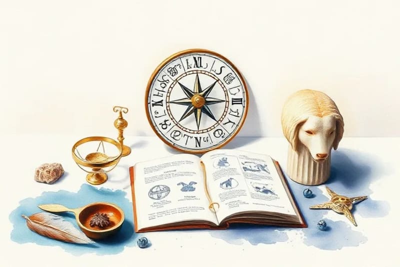 Representación de objetos esotéricos como un zodiaco, brújula y libro, simbolizando la búsqueda de animales tótem.