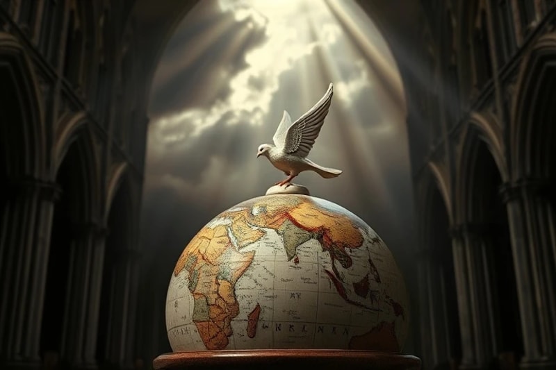 Una figura de paloma de marfil sobre un globo terráqueo antiguo, simbolizando la búsqueda de la paz y la esperanza en un mundo en conflicto.