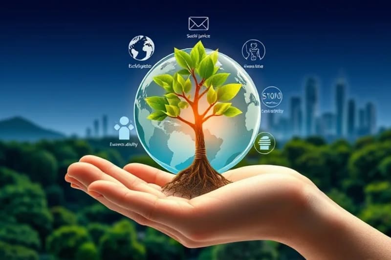 Stylized vector art illustrating a hand holding a sapling with roots extending into a globe, surrounded by icons of social justice, ecological balance, human dignity, and economic solidarity.