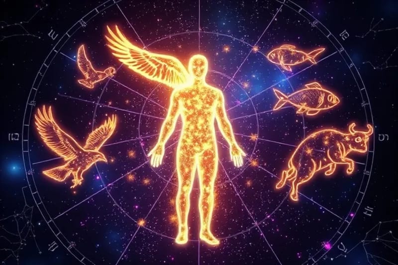 Representación abstracta de la conexión humana con constelaciones de animales, simbolizando guías espirituales.