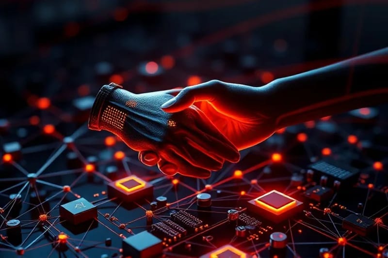 3D render of digital handshake over blockchain network