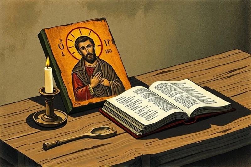 Icono copto antiguo y vela encendida sobre una mesa de madera, simbolizando la tradición y la fe.