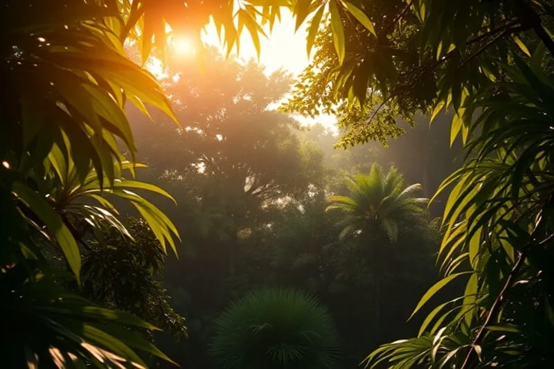 IoT sensors integrated into a rainforest canopy at dawn