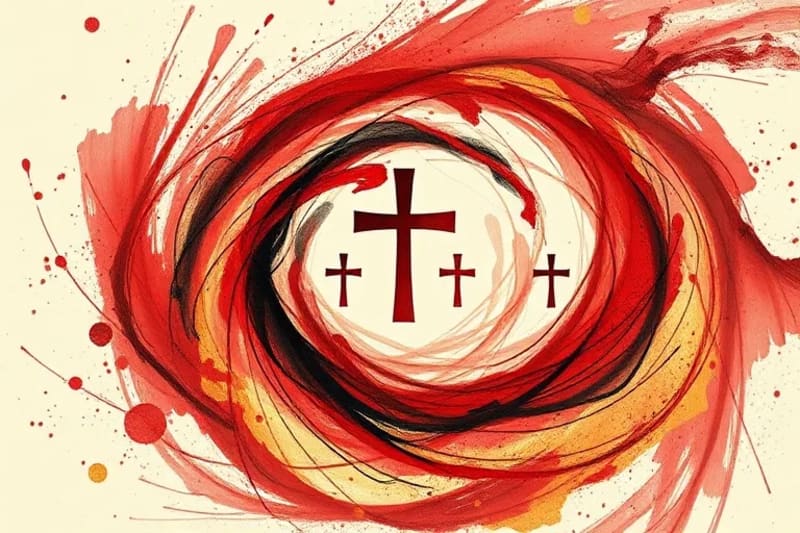 Vortex de colores carmesí y dorado con cruces coptas translúcidas, simbolizando el sacrificio y la gloria divina.