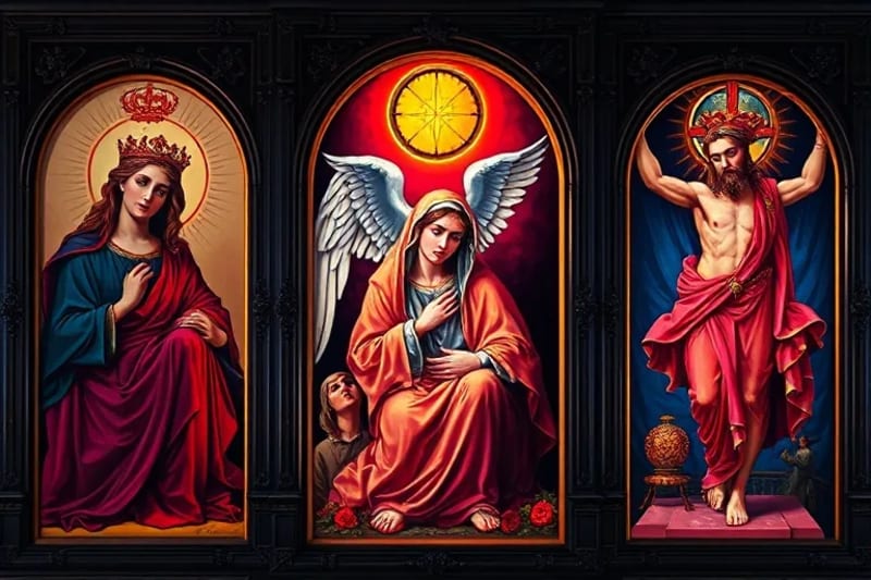 Pintura al óleo de un tríptico de los Misterios del Rosario