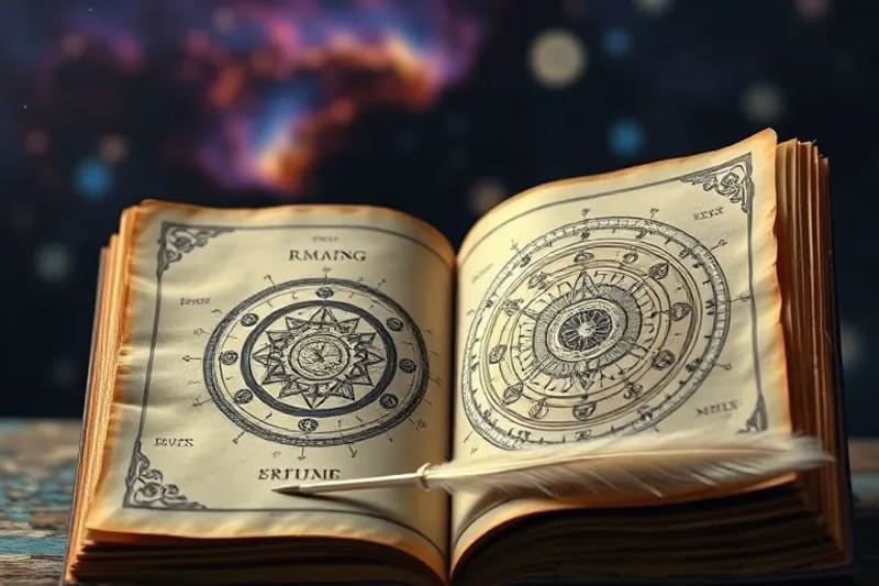 Antique dream journal with astrological symbols and planets, quill pen, cosmic background
