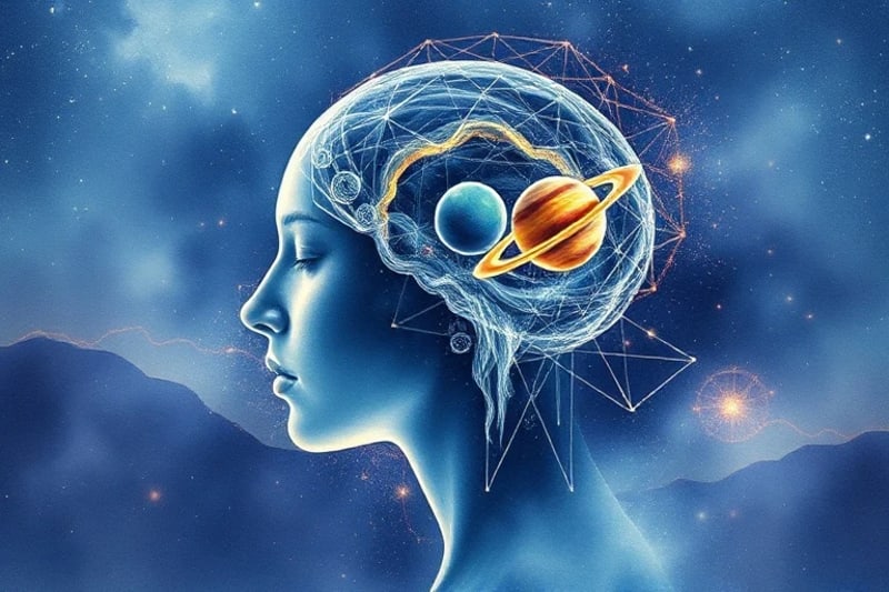 Abstract watercolor illustration of a human head with cosmic energies and planetary miniatures emanating from the brain, blending into a nocturnal landscape