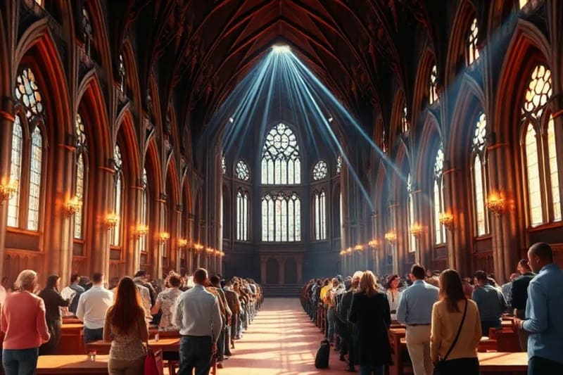 Personas diversas en una comunidad, con líneas de conexión espiritual