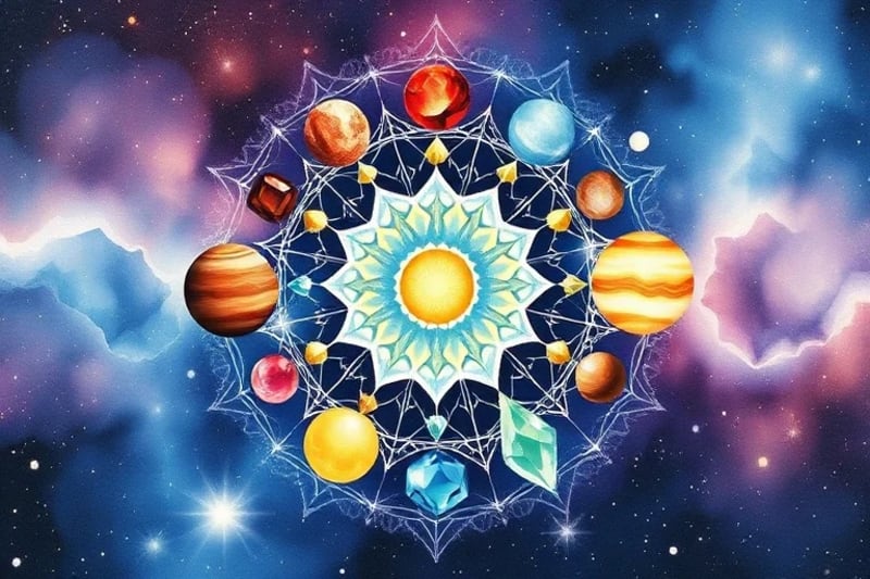 Watercolor depiction of gemstones aligned with planetary symbols