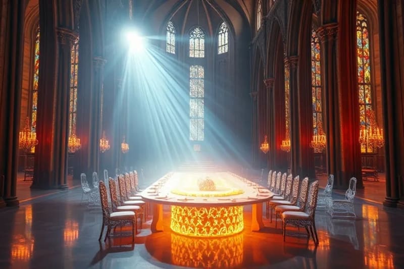 Render 3D abstracto de un banquete celestial, con partículas de luz interconectadas formando una mesa y asientos en un entorno cósmico.