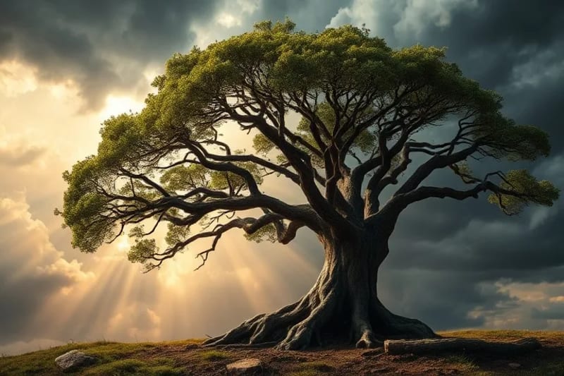 Árbol solitario y fuerte resistiendo una tormenta con el viento, simbolizando la resiliencia y el crecimiento en la adversidad