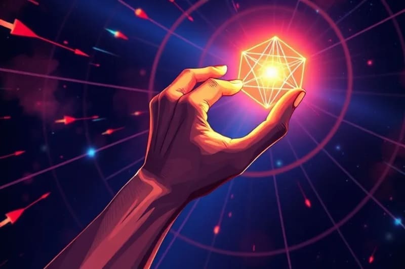 Mano estilizada alcanzando un símbolo geométrico de voluntad