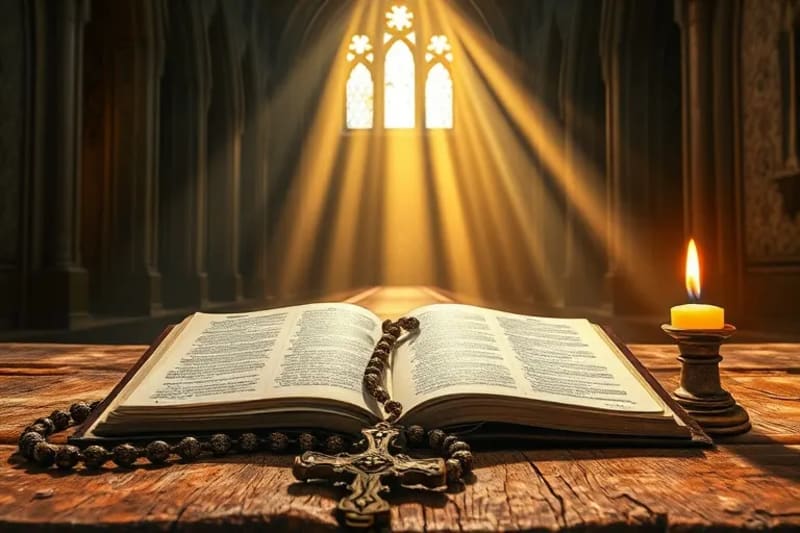Rosario, Biblia abierta y vela encendida sobre mesa de madera