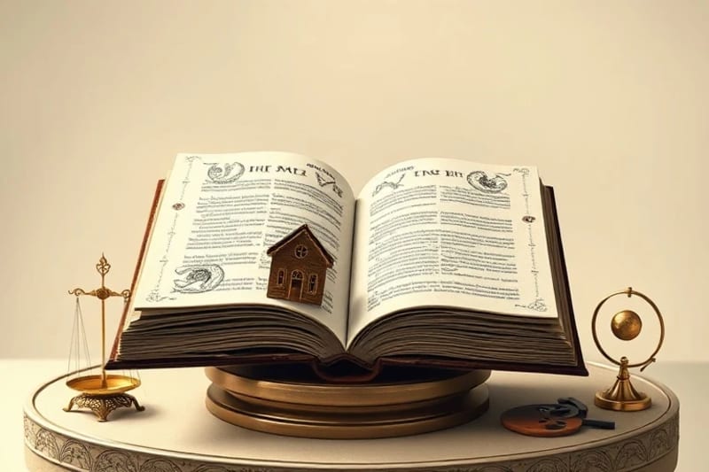 An open, ancient book with glowing symbols, surrounded by miniature symbolic objects representing different houses.