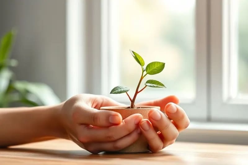 Manos cuidando una planta, simbolizando la conexión con la naturaleza y el bienestar.