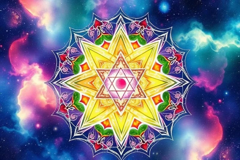 Superalimentos vibrantes rodeando símbolos de chakras