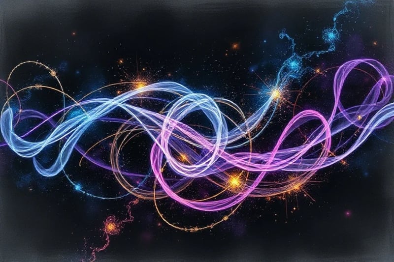 Intertwining, luminous threads of energy in vibrant blues, purples, and golds, forming a complex, evolving pattern against a deep cosmic void.