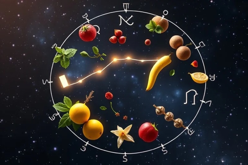Ingredientes suspendidos formando constelaciones zodiacales