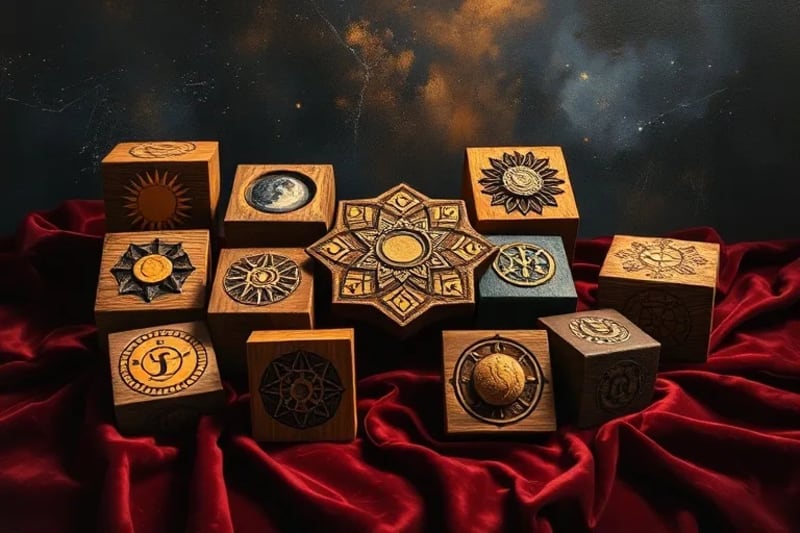 Astrological glyphs carved on wooden blocks